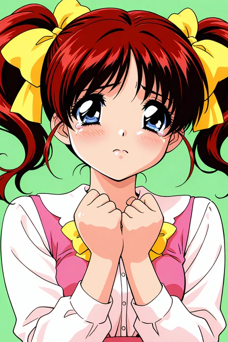 masterpiece, best quality, absurdres, official art, official style, general BREAK,
<lora:janjans1-hina_IL2_v1:0.7>, kawahara hina, 1girl, solo, red hair, blue eyes, parted bangs, short hair, short twintails, hair ribbon, shiny hair, 1990s \(style\), retro artstyle, anime coloring, small breasts, flat chest, simple background, green background, long sleeves, upper body, looking at viewer, tears, closed mouth, sad, hands up, frown, white shirt, portrait, clenched hands, own hands together, close-up, pink dress, puffy sleeves, crying, parted lips, open mouth, hands on own chest, tearing up, yellow ribbon, blush stickers, eyelashes, collared shirt, raised eyebrows
