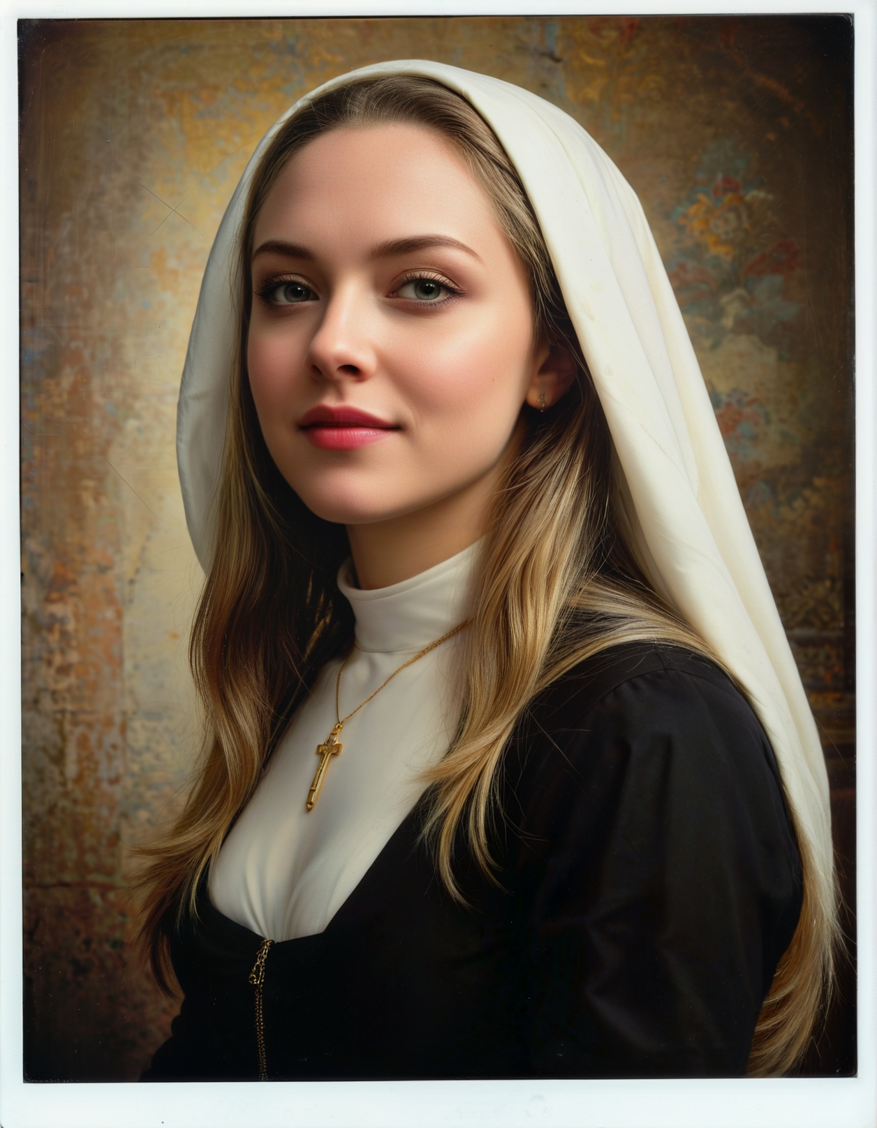 Masterpiece, photorealistic.

An old Polaroid Photo, Photo Borders, framed, very old Polaroid Photo with cracks, Iconographic.

A graceful Nun, Style from the Fifties, faded vintage Color Scheme, in a Catholic Church, traditional Nun's habit, wearing a traditional Nun's Hair veil, subtle smile to the side downwards, Stained Glass, teardrop Breasts, authentic Human Skin Texture, wearing a cross pendant.

Style of Albrecht Dürer, Style of Élisabeth Vigée-Lebrun.