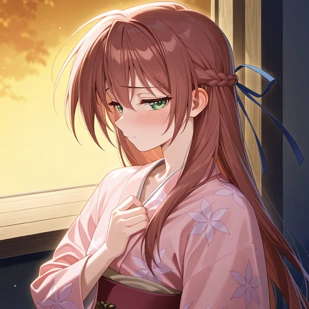 1boy,solo,<lora:IL_houjou_chikara_SHADOW_AND_SHADOW:1>,w-sdw,houjou chikara,green eyes,long hair,brown hair,side braid,blue hair ribbon,
pink yukata,obi,kimono,natural light,with a golden hue,profile,looking at viewer,half-closed eyes,embarrassed,hand on chest,upper body,, masterpiece,best quality,amazing quality,very aesthetic,absurdres,