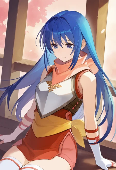 masterpiece, best quality, 1girl, solo, <lora:caeda-fe-richy-v1_ixl:1.0> caedaprc, blue eyes, blue hair, long hair, bangs, pink scarf, red shirt, breastplate, sleeveless, white gloves, fingerless gloves, yellow sash, white thighhighs