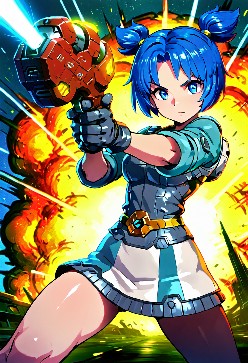 masterpiece, best quality, 1girl, solo,   zzVela, blue eyes, blue hair, short hair, twintails, short twintails, gloves, skirt,   <lora:VelaJetforce_IXL:1.0>, (aiming gun, foreshortening, dynamic pose), explosion, laser beam, epic cinematic scene.