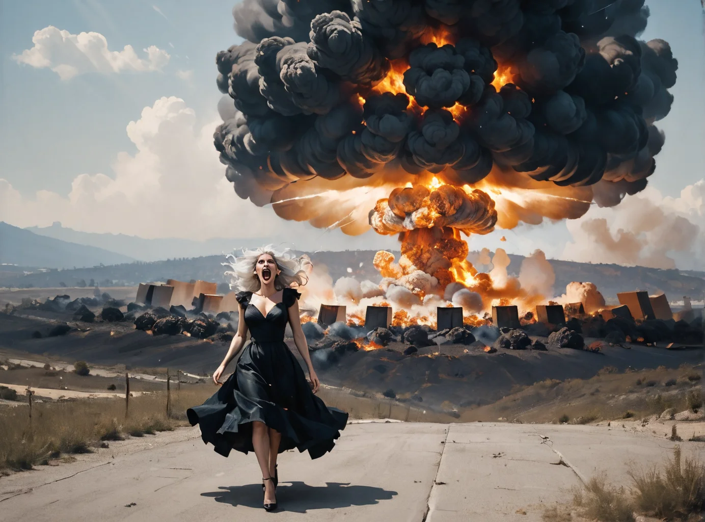 score_9, score_8_up, score_7_up, full body image, environment interaction, screaming in rage, 1woman, pale skin, large breasts, lollita dress, black dress, lollita fashion accessories, red details, Black hair, white highlights, <lora:Nuclear_Explosion:1> Nuclear Explosion, Blue Nuke, Nuclear Explosion in the Background,highly detailed