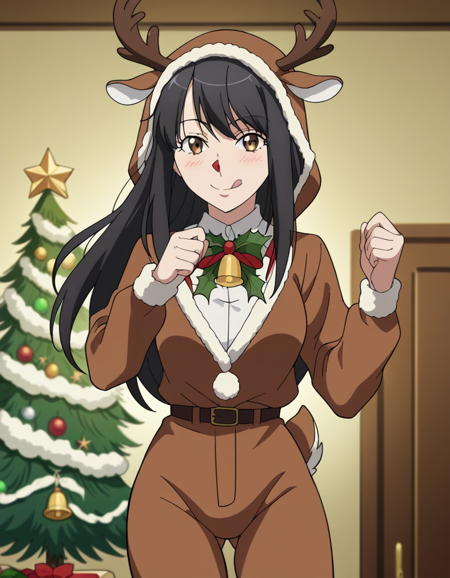 score_9, score_8_up, score_7_up, source_anime, <lora:yuki-kaizuka-s1-ponyxl-lora-nochekaiser:1>, yuki kaizuka, long hair, black hair, brown eyes, medium breasts, anime screencap,, <lora:reindeer-costume-ponyxl-lora-nochekaiser:1>, reindeer costume, animal costume, reindeer antlers, antlers, fake antlers, reindeer hood, christmas, red nose, deer ears, deer tail, christmas tree, bell, horns, reindeer,, blush, smile, tongue out, looking at viewer,, , dutch angle, cowboy shot