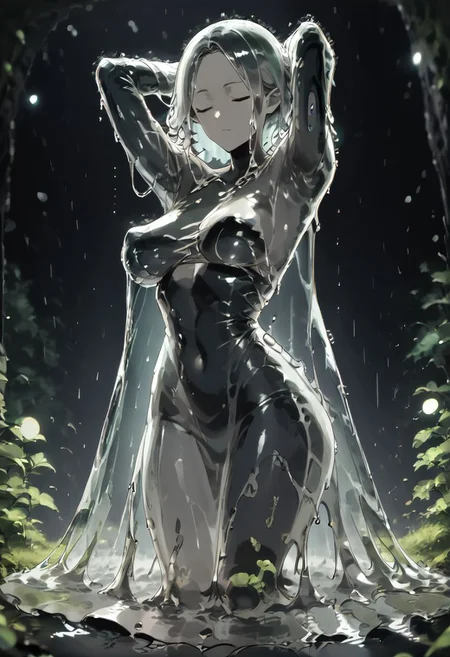 score_9, score_8_up, score_7_up, score_6_up, source_anime, slime girl, swooping breasts, full body, gl4sst3r, glass, dress, see-through, closed eyes, showering, dark cave, waterfall, splashing, wet, dripping, cinematic lighting, zPDXL