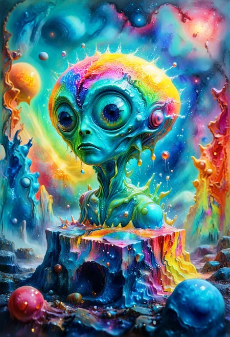 watercolor painting, Surreal, masterpiece, Create a colorful oil painting of an alien planet, Van Gogh, galaxy in background, vibrant colors, best quality, highly detailedhigh contrast, stylized, clear, surreal, ultra quality , 8k, best quality, masterpiece, textural, artistic, midjourneyv6.1, cube, surr, cube impression, vivid color, Colorful Chaos Cracks and Drops, psychedelicv2lora, colorful, psychvibes artstyle, abstract, scenery
