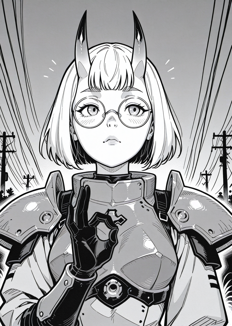 power lines, pauldrons, oni girls, oni horns, round glasses, bust up, ok gesture,