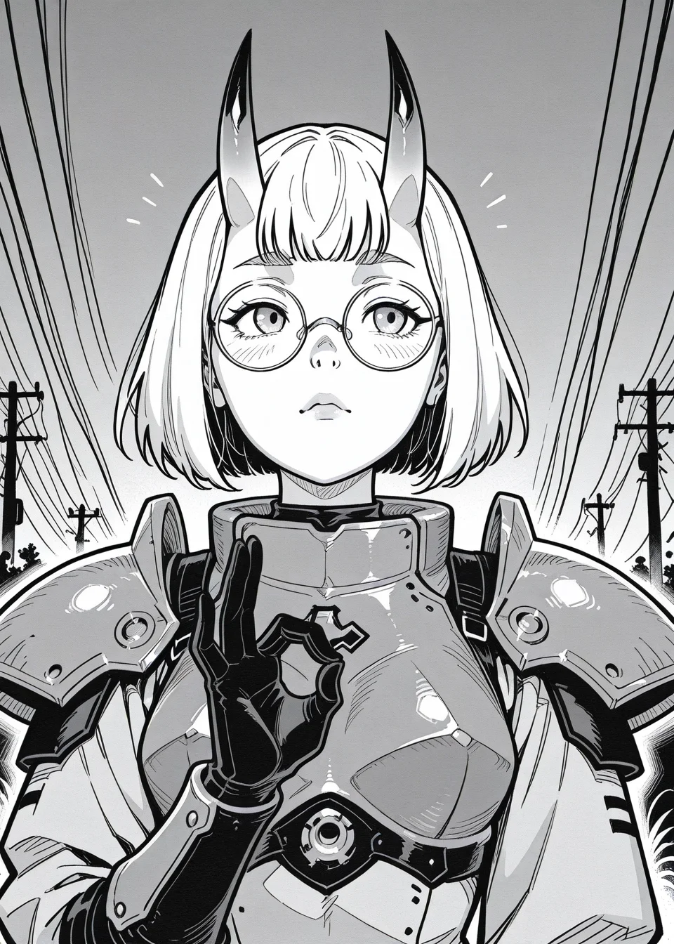 power lines, pauldrons, oni girls, oni horns, round glasses, bust up, ok gesture,