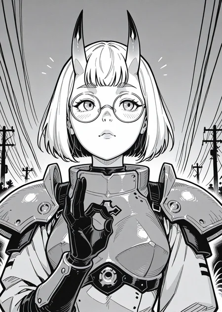 power lines, pauldrons, oni girls, oni horns, round glasses, bust up, ok gesture,
