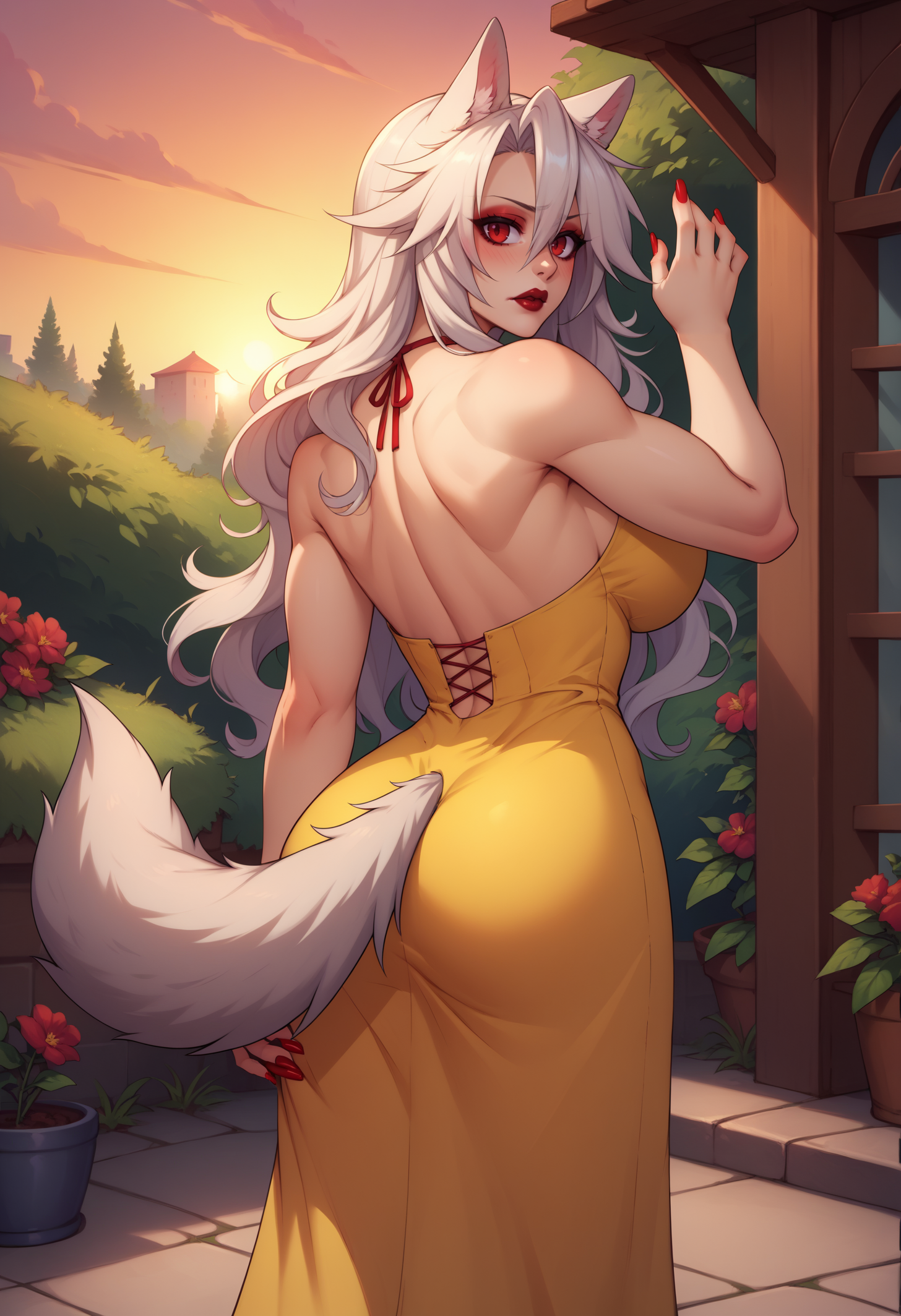 score_9, score_8_up, score_7_up, detailed, BREAK 1girl, solo, ferania, wolf girl, red eyes, animal ears, makeup, lipstick, red nails, wolf tail, long hair, hair between eyes, silver hair, large breasts, <lora:FeraniaWolfenstahlPDXL_V1-Manityro-CAME:1.0>, outdoors, garden, sunset,
looking at viewer, toned, blush, rear view,
yellow sundress,