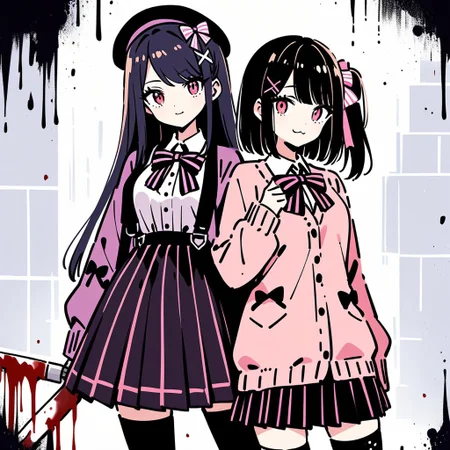 masterpiece, best quality, very aesthetic, absurdres, long hair, breasts, looking at viewer, smile, bangs, multiple girls, skirt, brown hair, shirt, black hair, hair ornament, red eyes, thighhighs, long sleeves, hat, bow, holding, 2girls, closed mouth, school uniform, standing, white shirt, weapon, hair bow, cowboy shot, pleated skirt, frills, striped, collared shirt, virtual youtuber, miniskirt, bowtie, black skirt, medium hair, holding weapon, side ponytail, sweater, parted bangs, plaid, blood, :3, swept bangs, glowing, beret, one side up, plaid skirt, scrunchie, cardigan, x hair ornament, wing collar, pink bow, glowing eyes, vertical stripes, striped bow, blood on face, tiles, dark, blood on clothes, blood splatter, pink sweater, striped skirt, tile wall, blood on weapon, pink cardigan, vertical-striped skirt, suzuhara lulu(simple retro design, logo, manga style, 2tone),