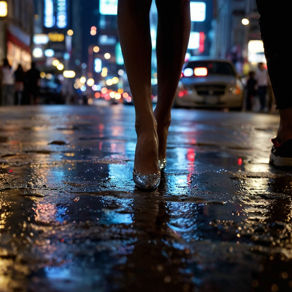 in a city at night, rain, artificial light, puddles