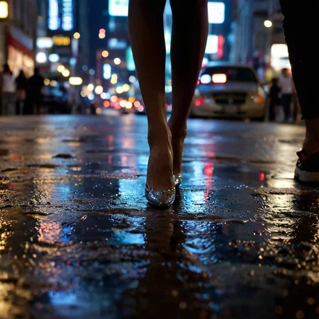 in a city at night, rain, artificial light, puddles