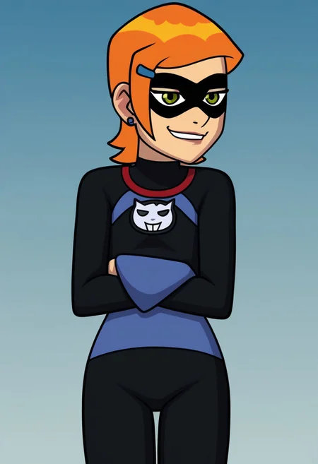 chgwen10, ((chgwen10 wearing luckgirl outfit)), arms crossed, solo, smirk, mask
