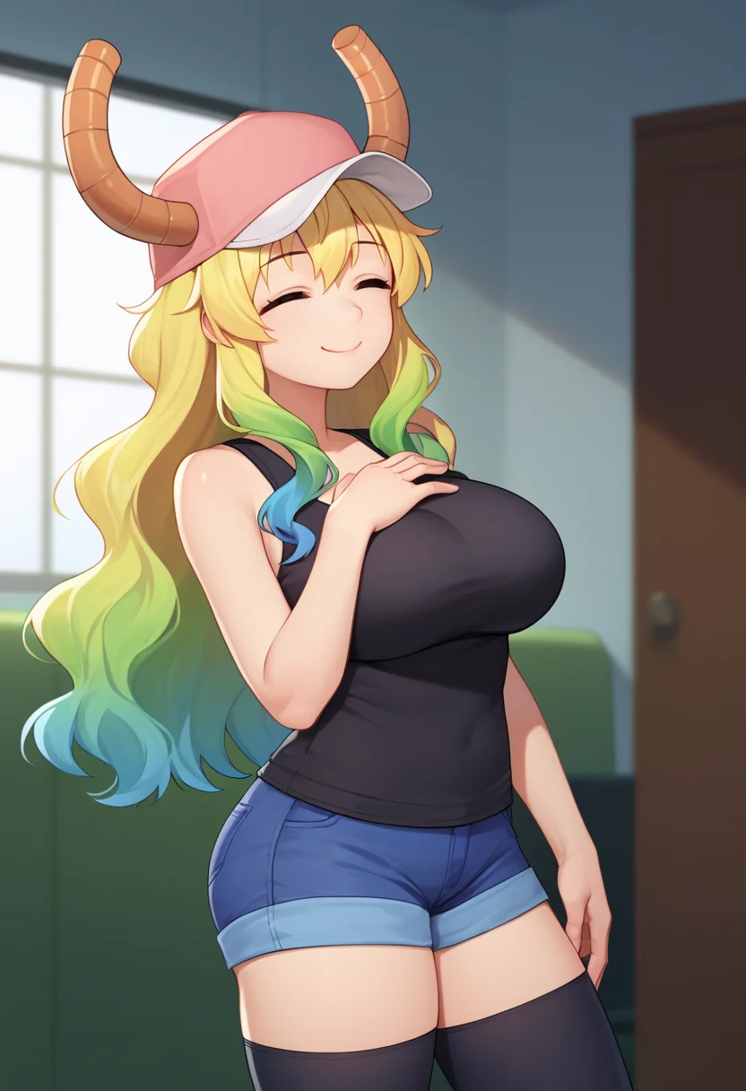 score_9, score_8_up, score_7_up, source_anime, solo, 1girl, mkdmluc0a, smile, closed mouth, standing, hand on own chest, pink headwear, horns through headwear, baseball cap, dragon horns, closed eyes, black tank top, blue shorts, denim shorts, short shorts, black thighhighs, bare shoulders, large breasts, indoors <lora:maidragon_lucoa_ponyXL:1>