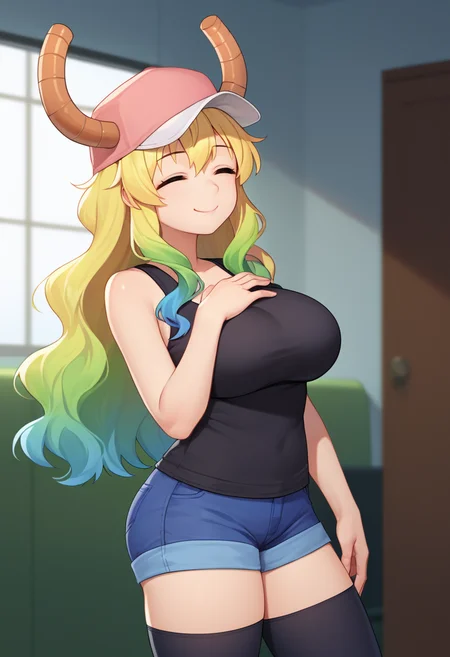 score_9, score_8_up, score_7_up, source_anime, solo, 1girl, mkdmluc0a, smile, closed mouth, standing, hand on own chest, pink headwear, horns through headwear, baseball cap, dragon horns, closed eyes, black tank top, blue shorts, denim shorts, short shorts, black thighhighs, bare shoulders, large breasts, indoors <lora:maidragon_lucoa_ponyXL:1>