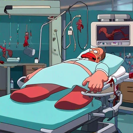 Dr John Zoidberg passed out on Studio on Hospital Room with All Blood, ((futurama style))