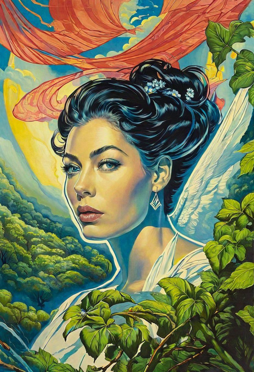 Ophanim hovers over Ava Gardner, forest, 
(James Jean Art Style) surreal<lora:locon_vanessaparadis_v1_from_v1_64_32:1>