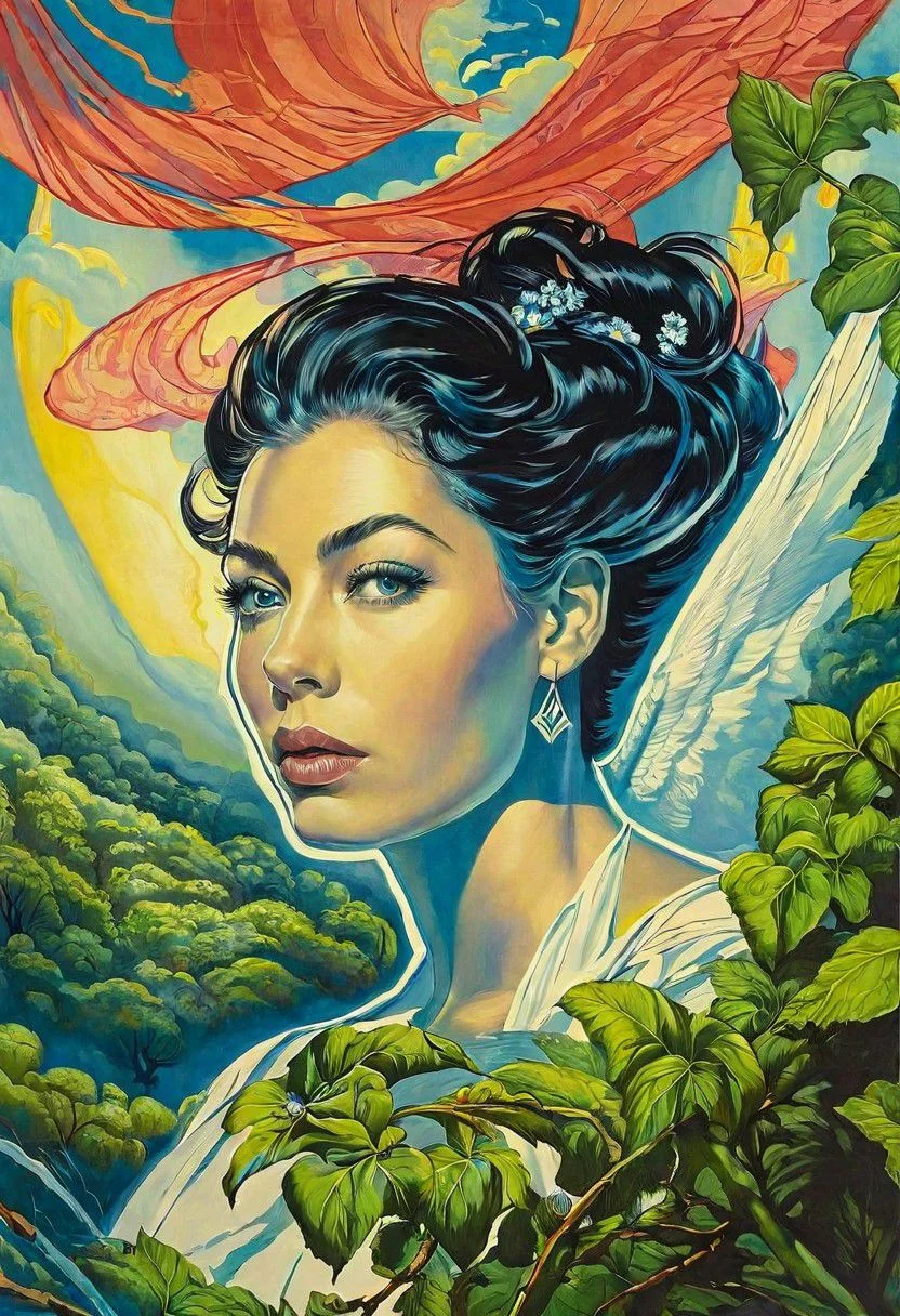 Ophanim hovers over Ava Gardner, forest,
(James Jean Art Style) surreal<lora:locon_vanessaparadis_v1_from_v1_64_32:1>