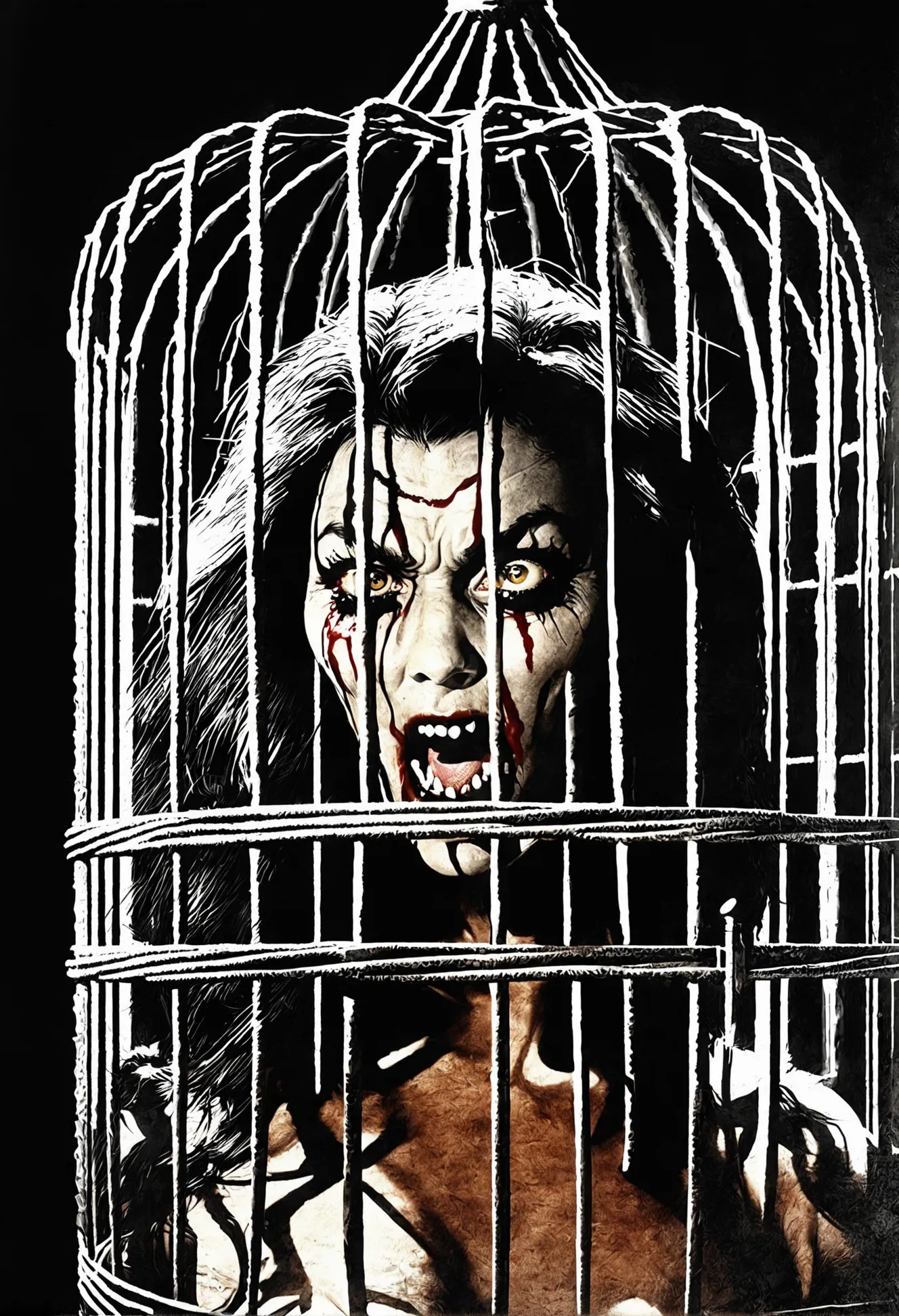 pulp horror, scary, severed head,sinister altar,Werewolf,woman in a cage<lora:EnvyPulpHorrorXL01:1:1:lbw=ALL>