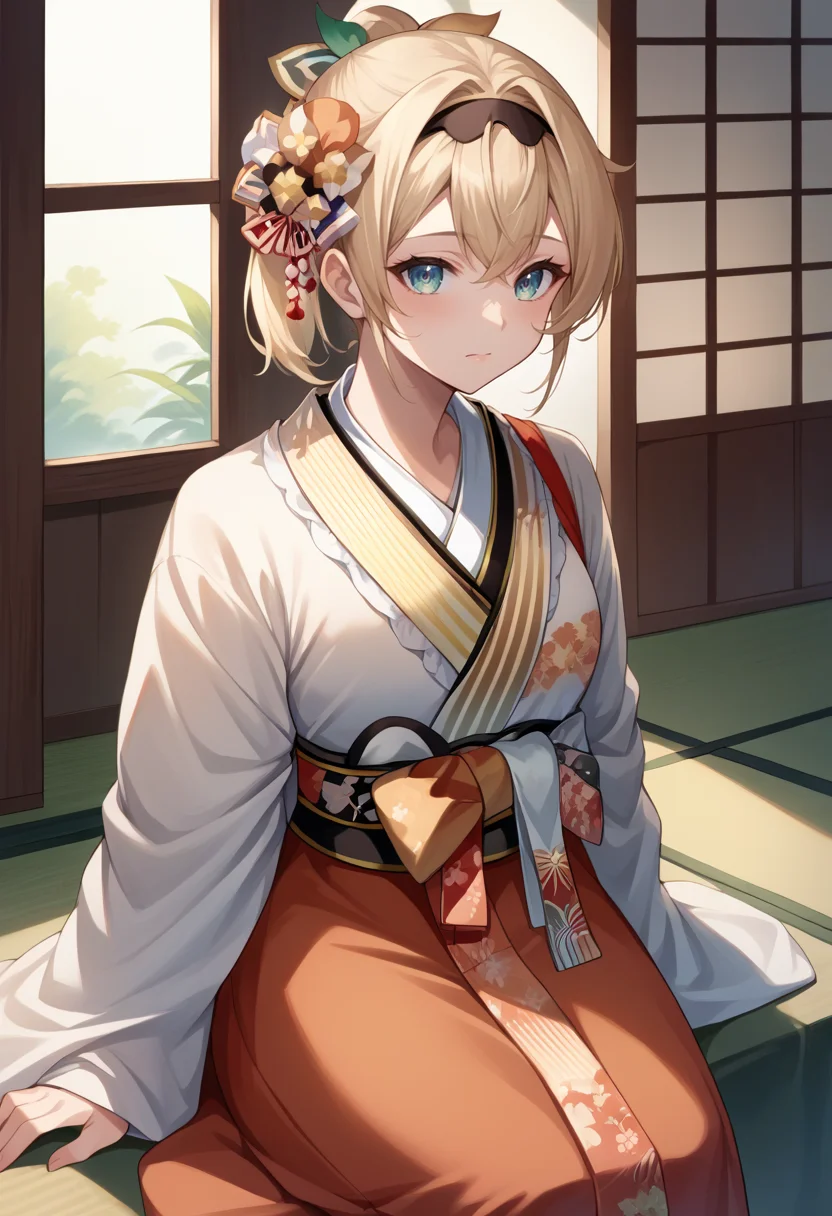 score_9, score_8_up, source_anime, KazamaIroha, hair ornament, hairband, ponytail, indoors, kimono, hair flower, floral print, wariza, sitting, <lora:CHAR-KazamaIrohaPonyXL:1>
