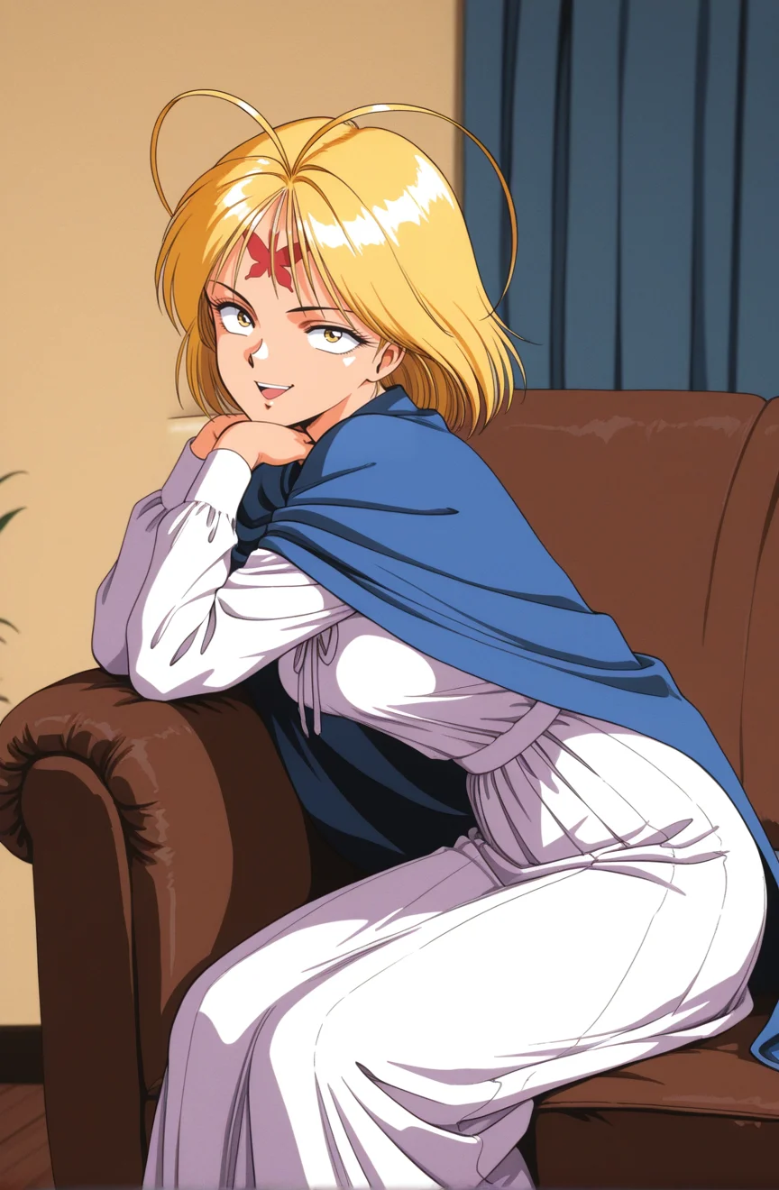 1girl,kznk1sidnpaf1o,retro artstyle,1990s \(style\), solo,sanpaku, constricted pupils,yellow eyes, , antenna hair,blonde hair, short hair,red_butterfly_forehead_mark,facial mark,medium breasts,blue cape,long sleeves,long skirt,white dress,indoors,living room,looking at viewer,,smirk ,,,open mouth ,sitting sofa ,from side ,best quality,masterpiece,sensitive , <lora:KazenokishidanPafioNoobAI2:1>