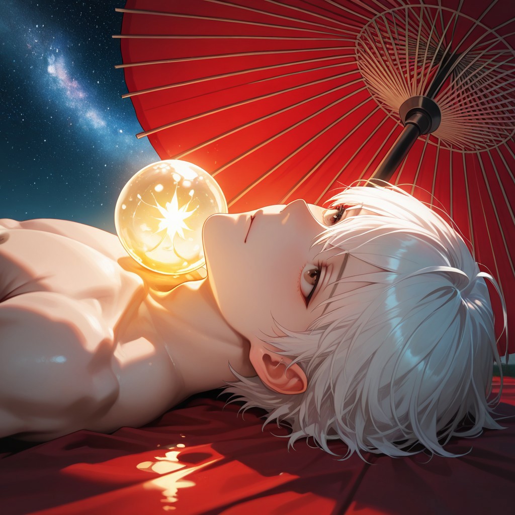 masterpiece, best quality, amazing quality, absurdres, newest, detailed background, definition so sharp, Ultra-HD, 8K cinematic, very awa, impressionate, amazing quality, highres, 
solo, male focus, manly, 
yashiroisana, 1boy, short hair, bangs, shiro_white hair, shiro_brown eyes, oil-paper umbrella, lying down, looking up, dreamy expression, calm, starry sky, glowing orbs, aesthetic, ethereal, playful, serene