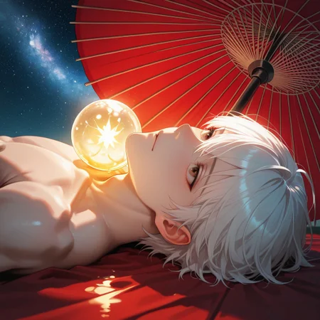 masterpiece, best quality, amazing quality, absurdres, newest, detailed background, definition so sharp, Ultra-HD, 8K cinematic, very awa, impressionate, amazing quality, highres,
solo, male focus, manly,
yashiroisana, 1boy, short hair, bangs, shiro_white hair, shiro_brown eyes, oil-paper umbrella, lying down, looking up, dreamy expression, calm, starry sky, glowing orbs, aesthetic, ethereal, playful, serene