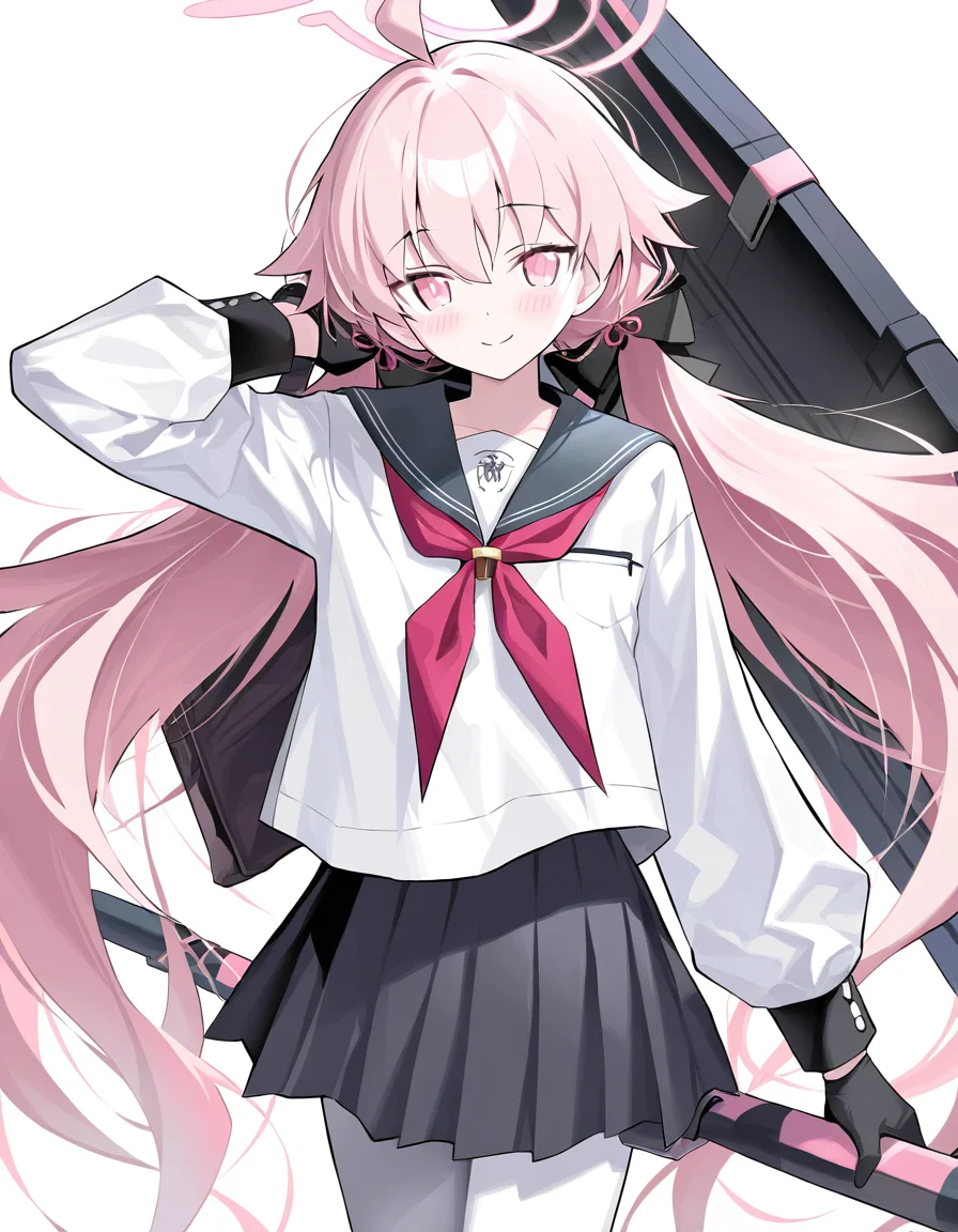 1girl,solo,looking at viewer,simple background,white background,cowboy shot,<lora:kousaki:1>,kousak1,solo,looking at viewer,simple background,white background,cowboy shot,skirt,aircraft,white pantyhose,school uniform,sailor collar,blush,neckerchief,long sleeves,pink hair,twintails,ahoge,closed mouth,black sailor collar,smile,pantyhose,long hair,hair between eyes,shirt,black skirt,black gloves,serafuku,pink halo,red neckerchief,low twintails,pleated skirt,white shirt,gloves,pink eyes,halo,holding,, masterpiece, best quality, very aesthetic, absurdres,newest, incredibly absurdres,