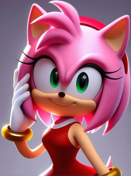 amy rose, pink body, solo, red dress, sega, sonic \(series\), furry, gloves, bracelet, looking at viewer, smile, side view, looking at viewer, portrait, female, backlighting, rim lighting, grey background, detailed, absurdres, 3d, artist:bing3d, <lora:b3d-v2-noob-vpred10:1>