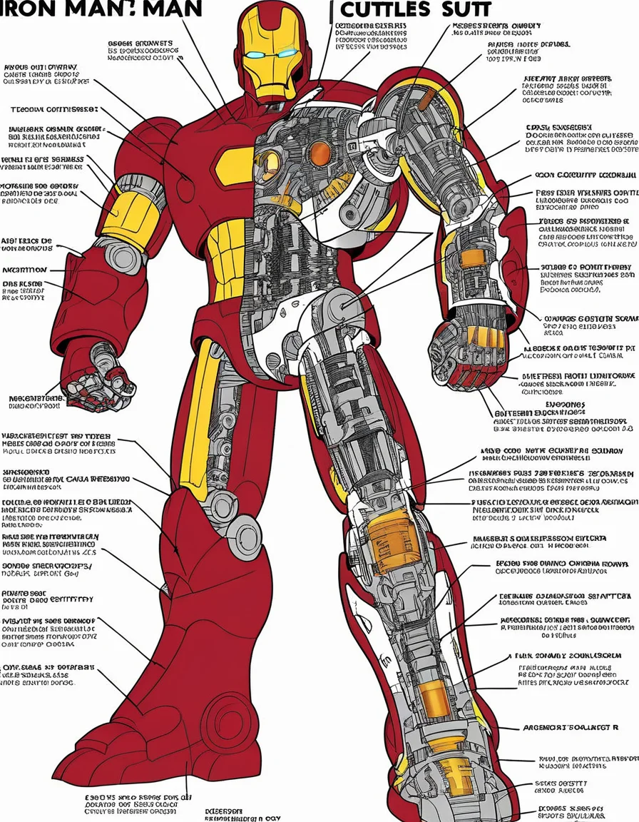 Imagine a technical cutaway diagram of Iron Man's suit. The outer layer of armor is partially transparent, revealing the complex inner workings underneath. You can see the intricate network of circuits, the support frame, and the energy pathways from the arc reactor to the rest of the suit. Each component is meticulously designed for functionality and strength. <lora:robot_info:0.75>