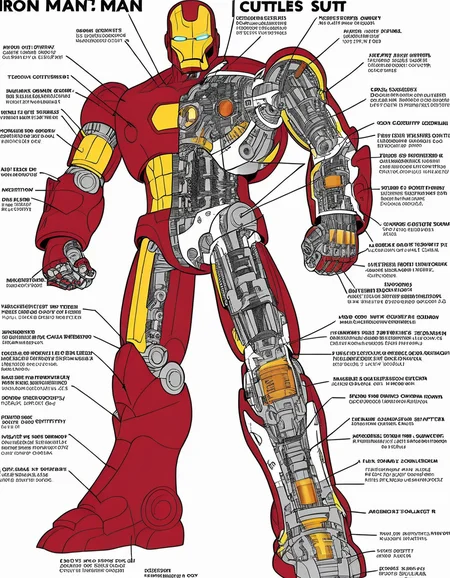 Imagine a technical cutaway diagram of Iron Man's suit. The outer layer of armor is partially transparent, revealing the complex inner workings underneath. You can see the intricate network of circuits, the support frame, and the energy pathways from the arc reactor to the rest of the suit. Each component is meticulously designed for functionality and strength. <lora:robot_info:0.75>