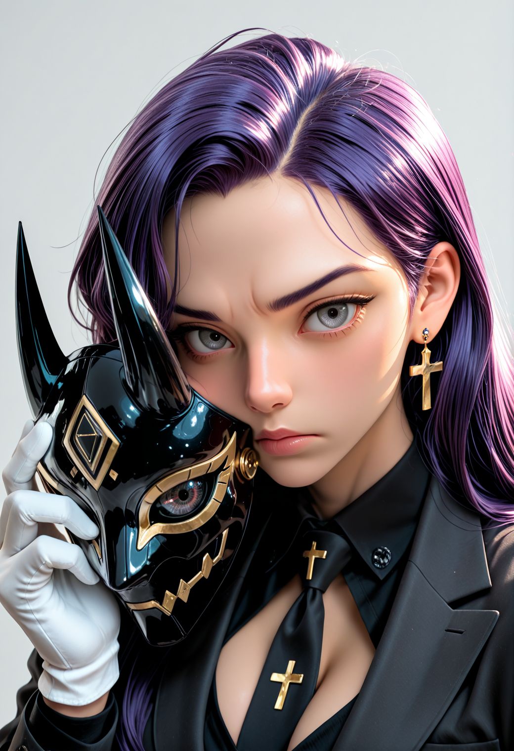 SmoothNoob_Quality, High-contrast, 1girl, serious, human, messy dark purple hair, long hair, fade hair, cleavage,  close up, dynamic angle, holding mask, polished black chrome mask, horned mask, taking off mask, looking at viewer, energy eye, visible face, grey eyes, small cross-shaped earrings, white gloves, tailored suit, black suit jacket, black shirt, necktie,simple background, grey background, particle motes, dramatic lighting, clean lines, <lora:SLE_v2:0.25>​​​ <lora:Smooth_Booster_v3:0.5> <lora:IncaseStyle_NoobAI:0.2> <lora:All_Disney_Princess_-_Illustrious:0.3>