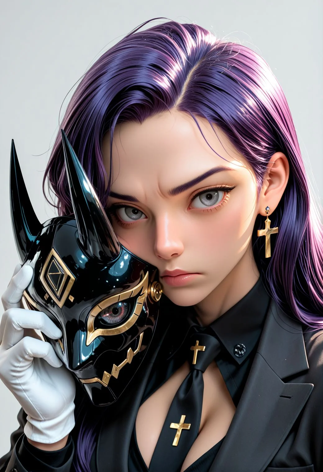 SmoothNoob_Quality, High-contrast, 1girl, serious, human, messy dark purple hair, long hair, fade hair, cleavage, close up, dynamic angle, holding mask, polished black chrome mask, horned mask, taking off mask, looking at viewer, energy eye, visible face, grey eyes, small cross-shaped earrings, white gloves, tailored suit, black suit jacket, black shirt, necktie,simple background, grey background, particle motes, dramatic lighting, clean lines, <lora:SLE_v2:0.25>βββ <lora:Smooth_Booster_v3:0.5> <lora:IncaseStyle_NoobAI:0.2> <lora:All_Disney_Princess_-_Illustrious:0.3>