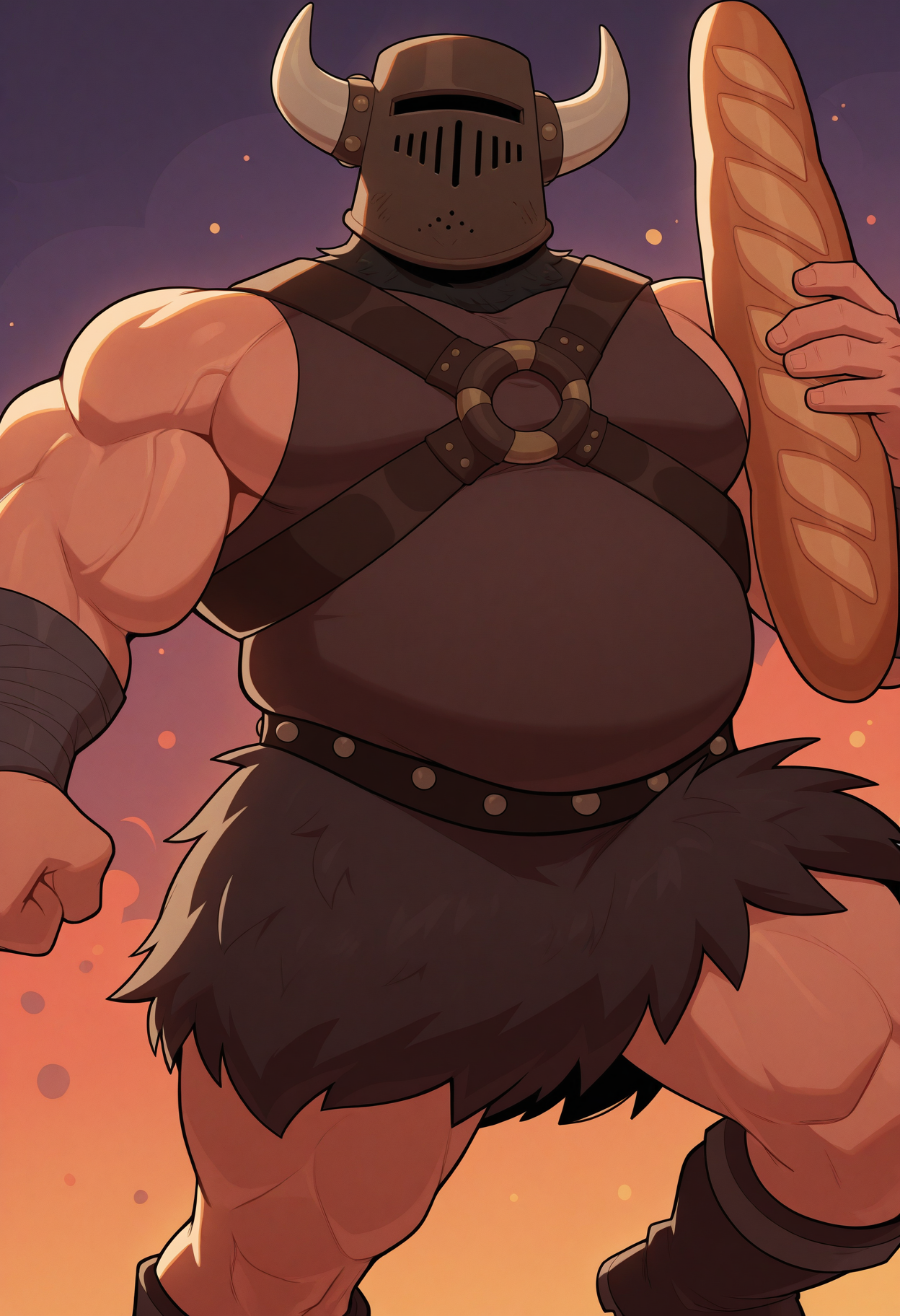 male focus, dutch angle, BREAK 1boy, 4ttil4, covered face, fake horns, close-up, portrait, chest harness, sleeveless shirt, fur skirt, boots, muscular, chubby, holding baguette, dynamic pose, abstract background, multicolored background,
perfect anatomy, masterpiece, perfect quality, best quality, detailed, newest, very aesthetic, very awa,