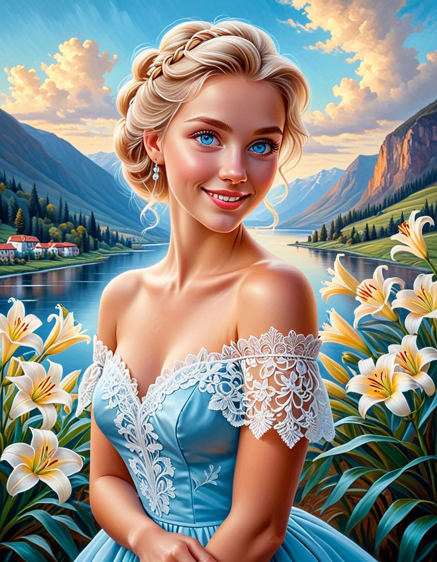 oil painting, a pretty, elegant young woman, with blue eyes, a mischievous smile, with shoulder-length blond hair, pinned up, a slippery light blue off-the-shoulder chiffon dress, pastel color, with white lace, holding lilies. valley in his hands
oil painting, face blue eyes, digital art, monochrome, solo,   sky, 
 <lora:helios2:1>
