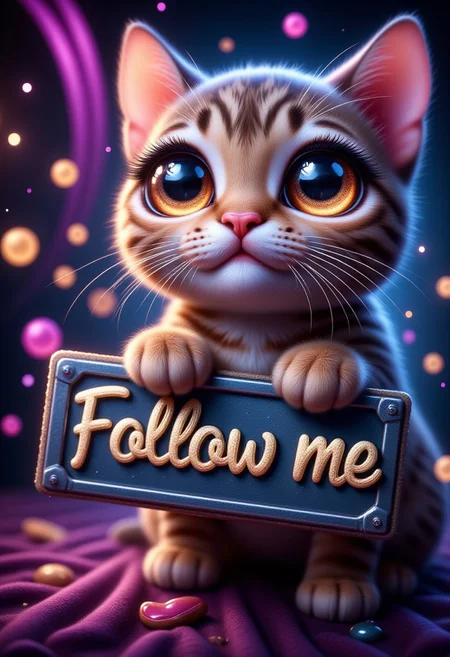 Cute Baby cat with huge eyes, sad eyes, holding a Flat lay mockup of [a futuristic metal sign] (with text " Follow me)" ,background with [strange geometric shapes and colors, glowing], flatlay photography style, minimalistic design, professional studio lighting, overhead shot from above, hyper-realistic
, chibi animal, detailmaximizer