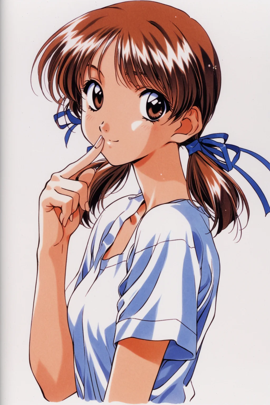 Taeko Adachi,1girl,solo,brown hair,white background,brown eyes,ribbon,simple background,retro artstyle,bangs,looking at viewer,upper body,short sleeves,short twintails,finger to mouth,1990s \(style\),blue ribbon,smile,short hair,twintails,hair ribbon,shirt,white shirt,light smile,collarbone,shiny,from side,index finger raised,fingernails,shiny hair,closed mouth,low twintails,traditional media,<lora:Mizutani Tooru_XL:0.8>,