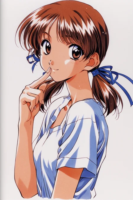 Taeko Adachi,1girl,solo,brown hair,white background,brown eyes,ribbon,simple background,retro artstyle,bangs,looking at viewer,upper body,short sleeves,short twintails,finger to mouth,1990s \(style\),blue ribbon,smile,short hair,twintails,hair ribbon,shirt,white shirt,light smile,collarbone,shiny,from side,index finger raised,fingernails,shiny hair,closed mouth,low twintails,traditional media,<lora:Mizutani Tooru_XL:0.8>,
