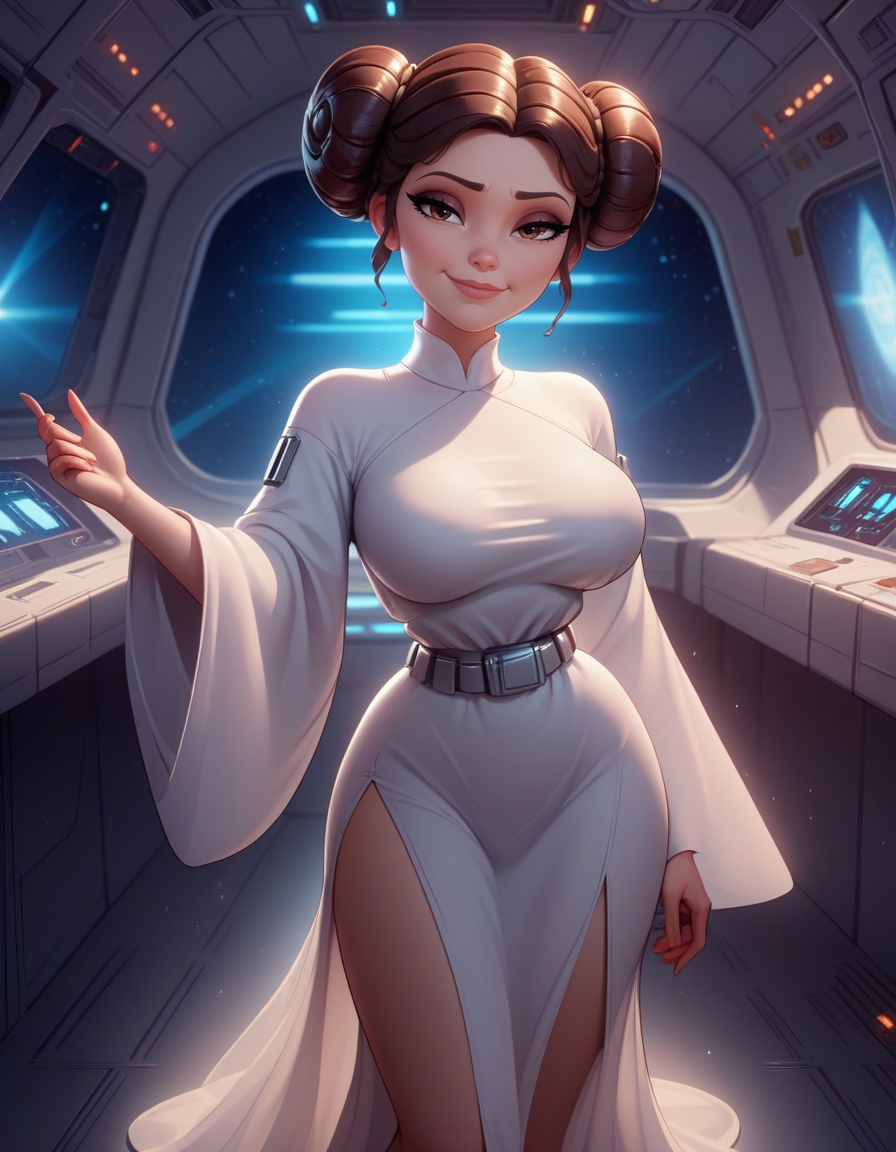 score_9, score_8_up, score_7_up,score_6_up, score_5_up, score_4_up ,1girl, solo,
leiadressdg, 
large breasts, 
brown hair, brown eyes, 
half closed eyes, smug, closed mouth, 
double bun, white dress, belt, side slit, wide sleeves, 
 light particles, see-through silhouette, spacecraft interior, 
 <lora:Leia DALL E-3  PonyXL-000003:1>