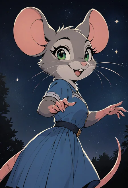 score_9, score_8_up, score_7_up, score_6_up, score_5_up, score_4_up, (solo), (fluffy:0.5), (fluffy cheeks:0.3), (feral), furry, (((mouse))), female, green eyes, grey fur, grey ears, blue dress, (cute:1.4), in the style of beatrix potter, flat color, backlit, (portrait, close up:1.5), (low angle view:1.5), outdoors, happy expression, (side view:2), starry sky, night, beautiful night sky, happy, look at viewer