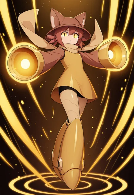 masterpiece, best quality, amazing quality, cniko,gold hair,short hair,hair between eyes,whiskers,, cat hat,yellow sclera,gold eyes,slit pupils,gold scarf,golden dress,long sleeves,sleeves past fingers,sleeves past wrists,gold legwear, xdive, android, robot ears, bodysuit, arms out, looking at viewer, solar aura, solar energy, glowing eyes, floating, arms out, solar hologram behind, dynamic pose, serious expression, head tilted down, flowing hair, tears flowing from one eye, full body
