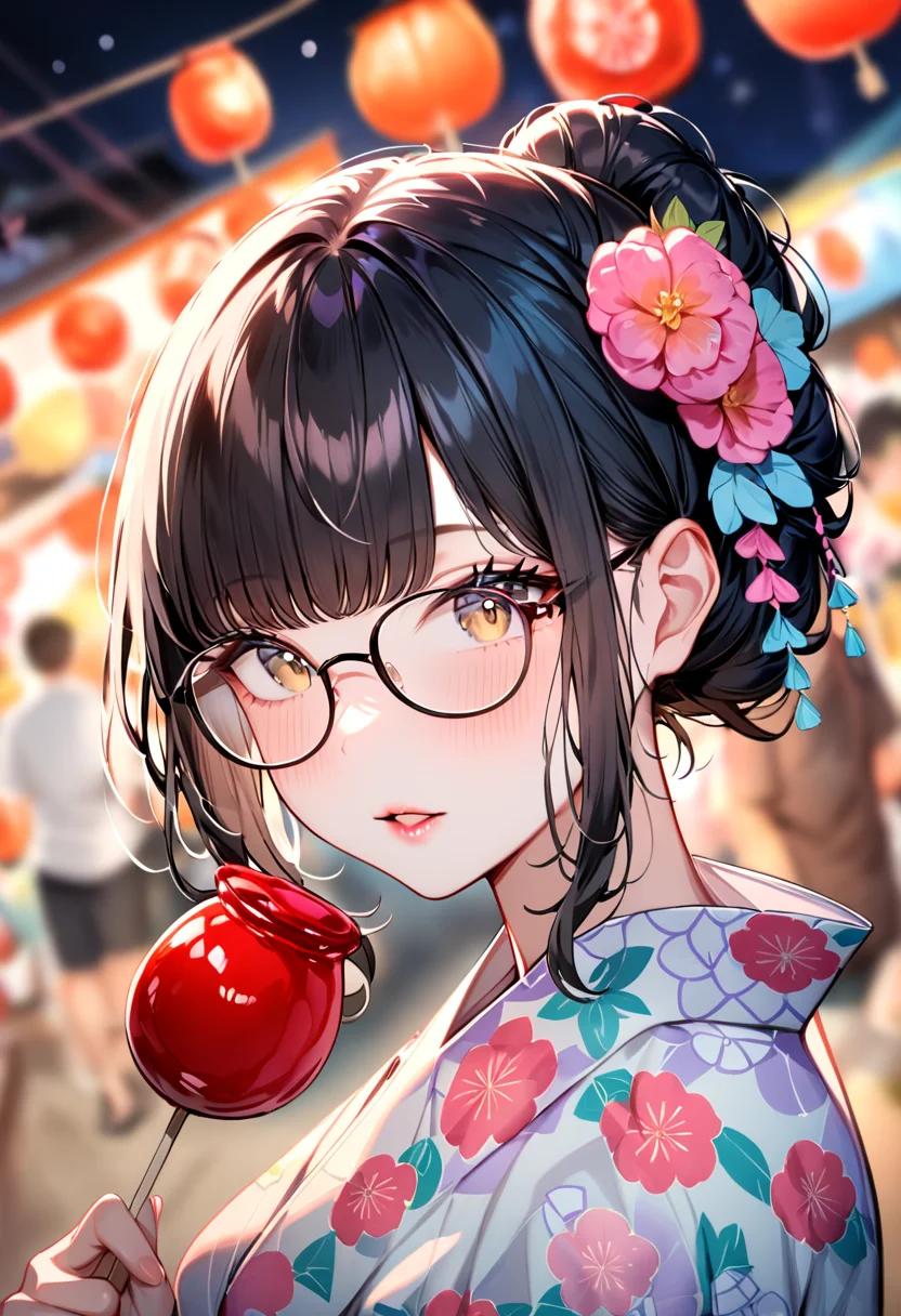 masterpiece, best quality, very aesthetic, absurdres,
ringoame, 1girl, glasses, food, black hair, yukata, floral print, candy apple, hair ornament, looking at viewer, lips, hair flower, holding food, upper body, holding, outdoors, bangs, blurry background, night, summer, paper fan, uchiwa, paper lantern,
<lora:ringoame_SDXL_V1:1>