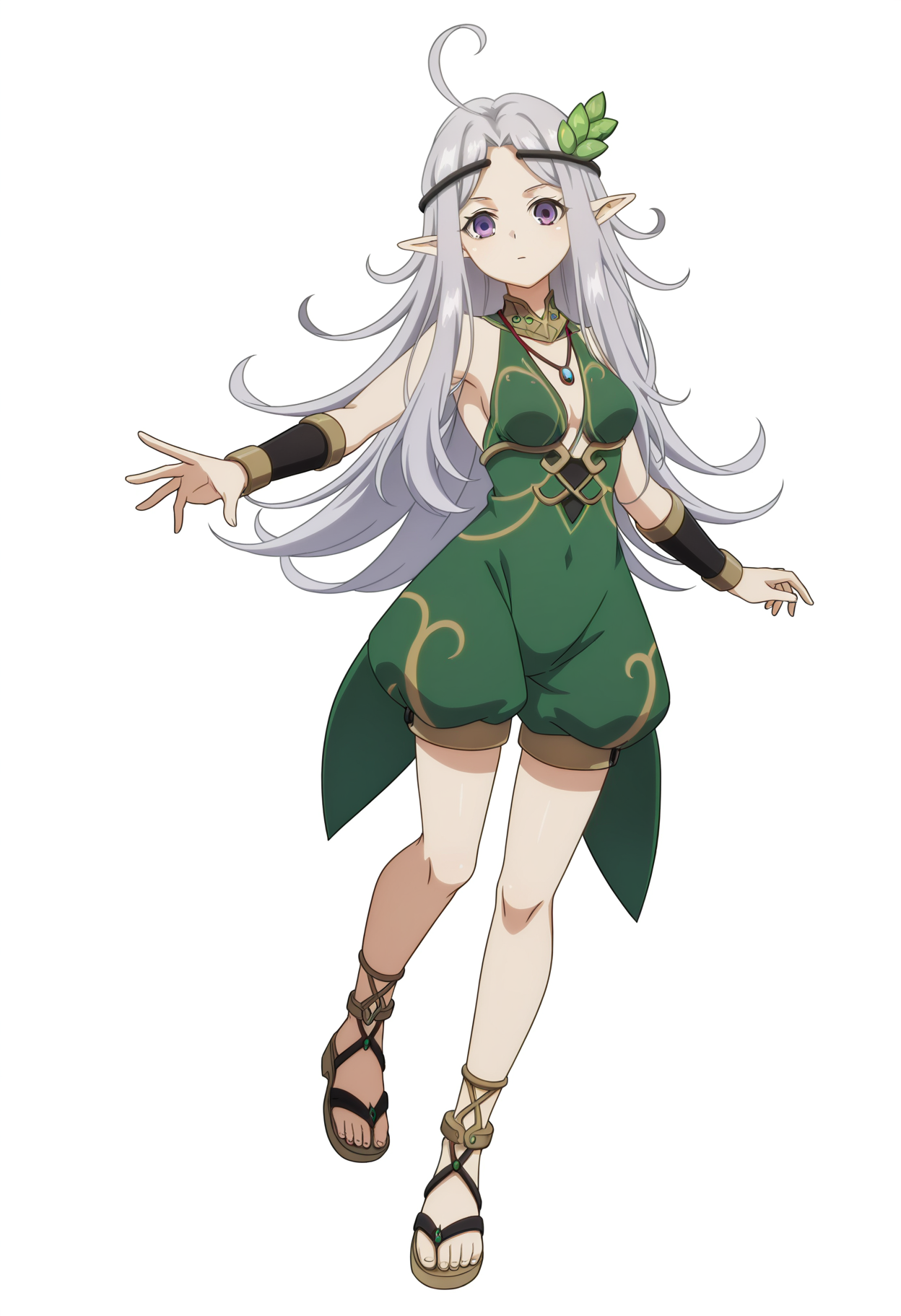<lora:Kris ARGENT_illustrious-000030:1>,solo,
(LTGSR)_Kris,pointy ears,long hair,ahoge,purple eyes,
looking at viewer,breasts,
puffy shorts,black midriff,black bracers,
green dress,white_background,simple_background,hair ornament,sandals,full body