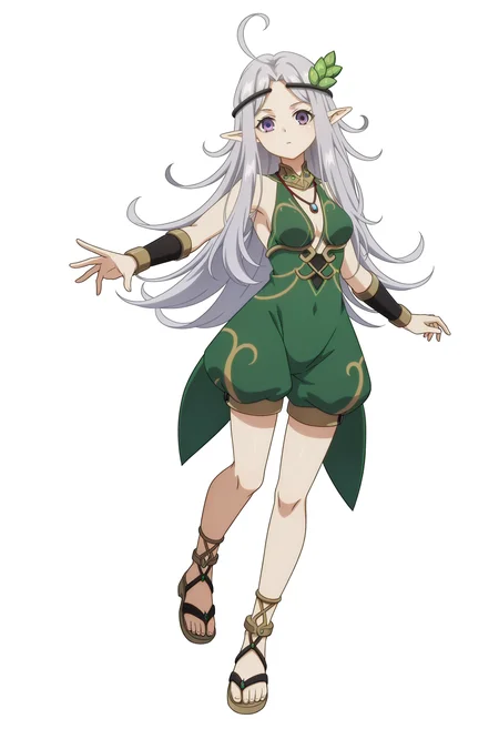 <lora:Kris ARGENT_illustrious-000030:1>,solo,
(LTGSR)_Kris,pointy ears,long hair,ahoge,purple eyes,
looking at viewer,breasts,
puffy shorts,black midriff,black bracers,
green dress,white_background,simple_background,hair ornament,sandals,full body