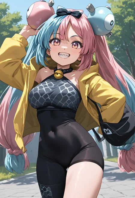 score_4,score_5,score_6,score_7_up,score_8_up,score_9
((masterpiece,best quality,ultra detailed,highres,HD,4k:1.2)),
outdoors,
1girl, solo, girl forcus,solo forcus,
pokemon iono, blue hair, bow-shaped hair, character hair ornament, hair ornament, long hair, low-tied long hair, multicolored hair, pink hair, sharp teeth, split-color hair, twintails, two-tone hair, pink eyes,large breast,
asymmetrical legwear, bell, bow-shaped hair, character hair ornament, hexagon print, oversized clothes, pantyhose, single leg pantyhose, split-color hair, jacket, yellow jacket,
smile,happy smile,Smiling with teeth showing,