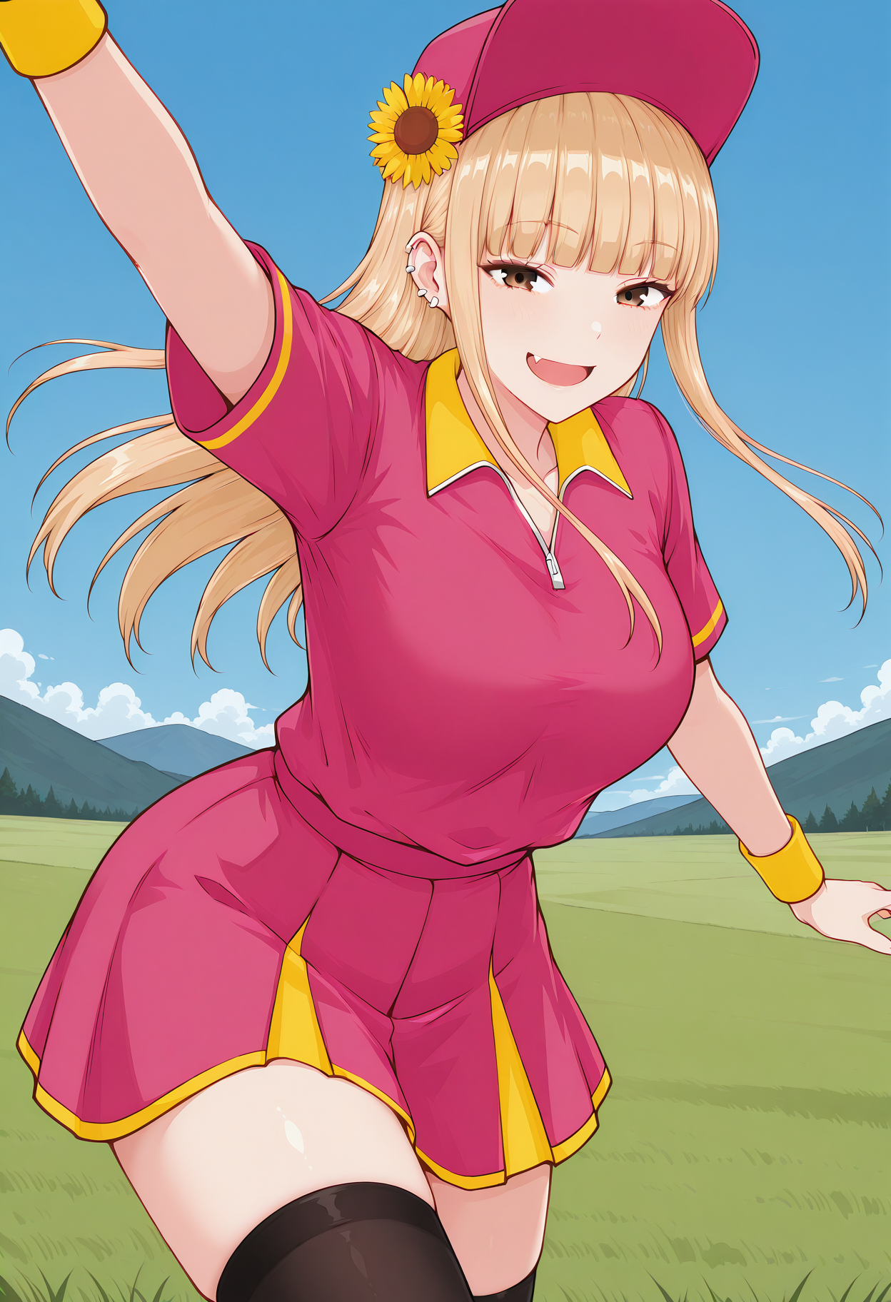 ruriko, fang, brown eyes, blonde hair, long hair, blunt bangs, ear piercing, hair flower, pink cap, yellow wristband, pink shirt, short sleeves, pink skirt, black thighhighs, zettai ryouiki, <lora:ruriko_illustrious_ver2:0.8> 
smile,, masterpiece, best quality, sensitive,, 1girl, solo, blue sky, (grasslands:1.2), looking at viewer,, (cowboy shot, dynamic pose:1.4),