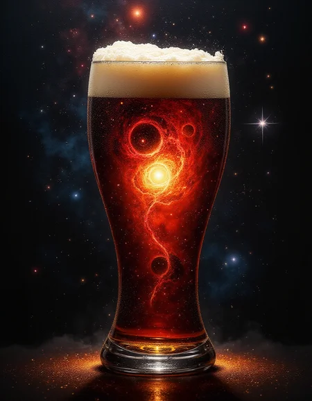 a painting of a star cluster in the sky with a lot of stars in the center of the image, Anato Finnstark, cosmic horror, an airbrush painting, space art, cosmic clouds, galaxies, black holes, stars, the star cluster and cosmic clouds form a beer glass with this inside: Irish Red Ale: Medium amber to medium reddish-copper. Clear. Low off-white to tan colored head, Pint glass or nonic pint glass. , that looks into the image, highly detailed, DSLR, raw, Panasonic Lumix GH4, f1.2, 50mm, cinematic lighting  <lora:fluxenhancer:1>, black, white, red color-scheme,