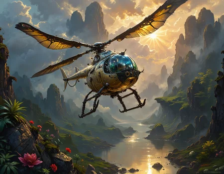 in the style of ck-ovf, medieval fantasy illustration :  Helicopter  in the garden, bright, reflections, sparkle, highly detailed, digital painting, artstation, concept art, smooth, sharp focus, illustration, art by artgerm and greg rutkowski and alphonse mucha