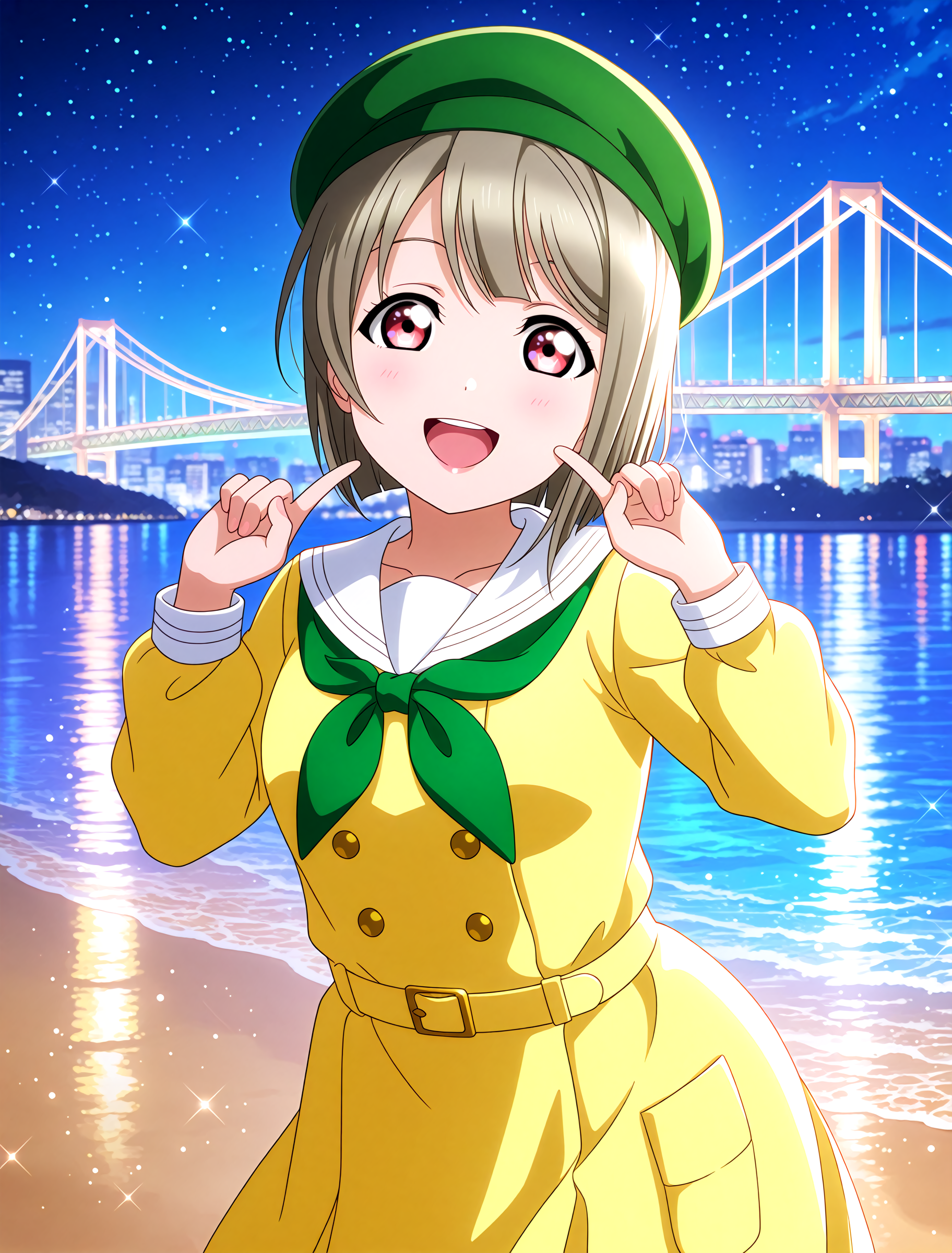 <lora:Koto-Umi-Riko-Shizu-Setsu-LLAS-IllustriousXLV01-V1:1> <lora:sdxl-boldline:-0.5> <lora:sdxl-flat:0.5>
<lora:Rainbowbridge-IllustriousXLV01-V1:1>
llas, masterpiece, very aesthetic, absurdres, best quality, newest, perfect anatomy, perfect lighting, anime coloring BREAK
sparkle, light particles, rim lighting, (depth of field, blurry background:1.2) BREAK
1girl, solo, looking at viewer, cowboy shot BREAK
nakasu kasumi, red eyes, pointing at self BREAK
big pupils, (detailed eyes:1.2), large breasts, lips, :d, upper teeth only BREAK
(mirahamo, mirai harmony:1.2), yellow dress, two-tone dress, long sleeves, white sailor collar, green neckerchief, yellow belt, buttons, green hat, beret BREAK
rainbowbridge, odaibakaihinkoen, beach, sand, reflective water, night, night sky, starry sky