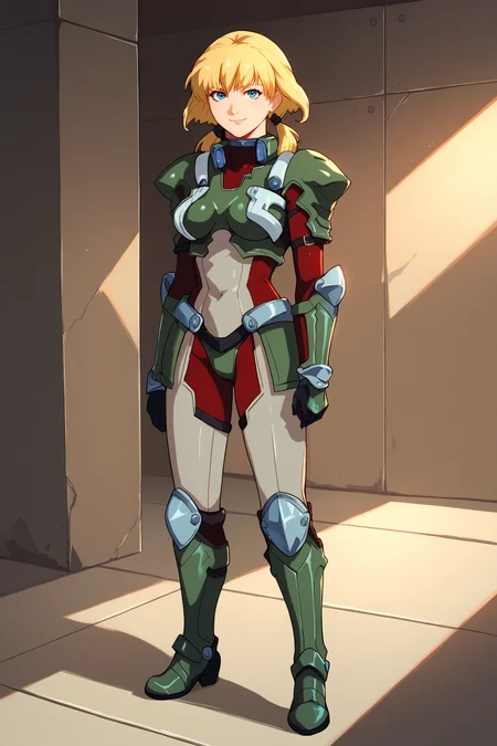 score_9, score_8_up, score_7_up, score_6_up, BREAK, MarleneAngelBGXL, blue eyes, blonde hair, short hair, low twintails, medium breasts, green armor, shoulders armor, red bodysuit, green guantlets, black gloves, green knee pads, green boots, solo, full body, standing, seductive smile, looking at viewer, indoors <lora:MarleneAngelBGXL:1>
